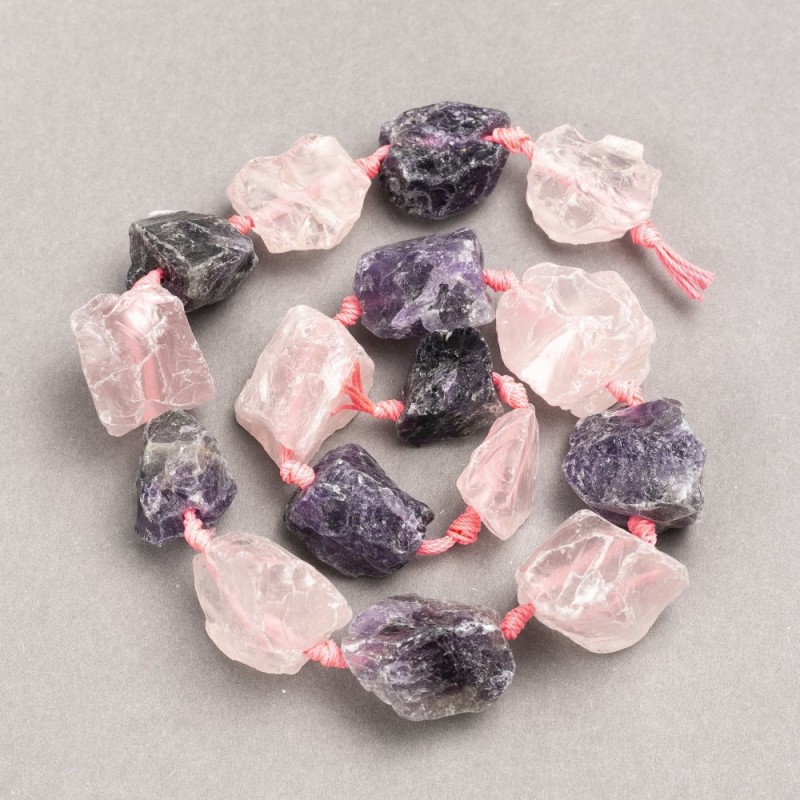 Beads of rough stone Assortment Amethyst + Pink Quartz, thread-ready gal'tivka, diameter 20×25 (±) mm, length 42 cm