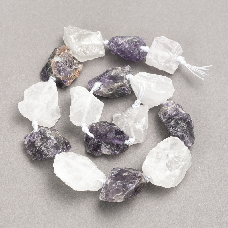 Unpolished Stone Beads Assortment Amethyst + Rock Crystal, Strand on Thread with Crimp Bead, Diameter 20x25 mm (±), Length 42 cm