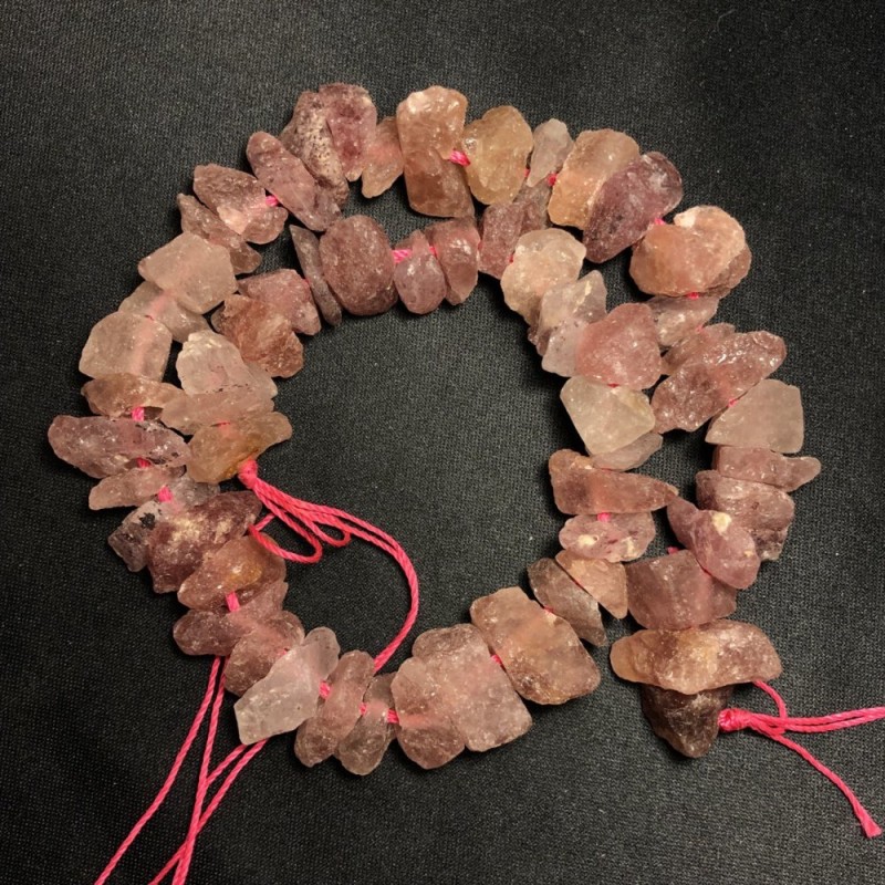 Unpolished Strawberry Quartz Beads on a Thread with a Crimp Bead, Diameter 10x18 mm, Length 42 cm+