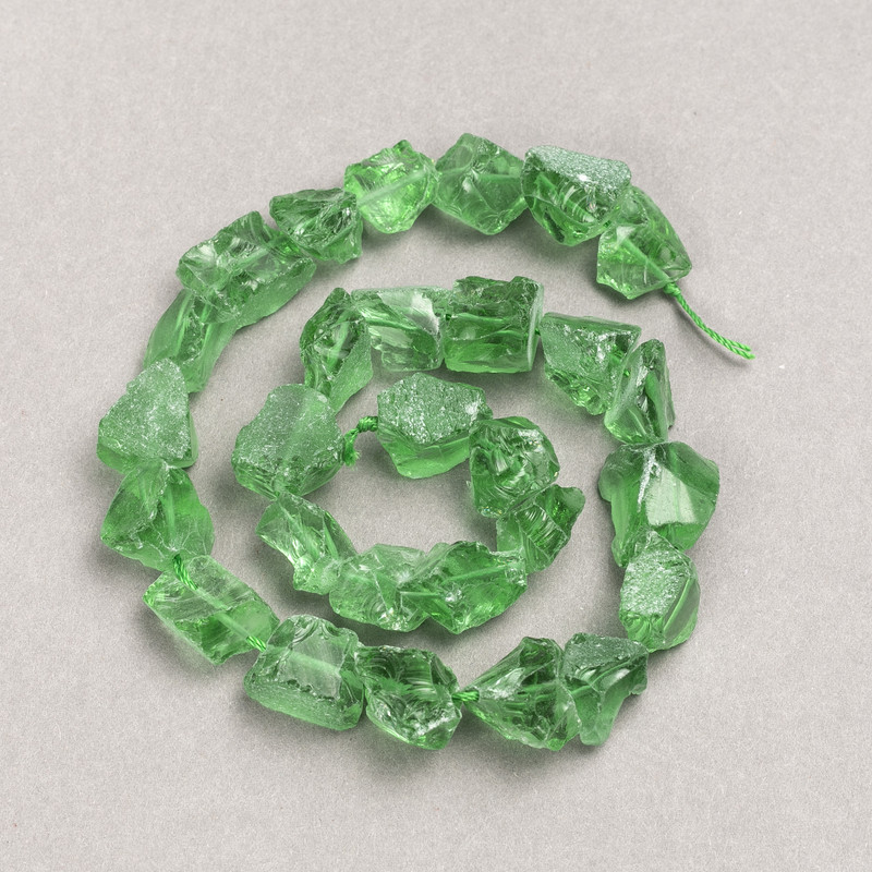 Beads on a thread, green-toned quartz, unpolished, tumbled, 13×10 mm, 41 cm length