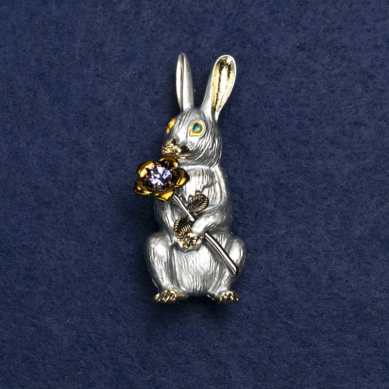 Brooch Bunny with Flower Gold-Tone Metal, Enamel and Crystals 50x22mm +