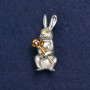 Brooch Bunny with Flower, Silvery Metal, Enamel and Crystals, 50x22mm +