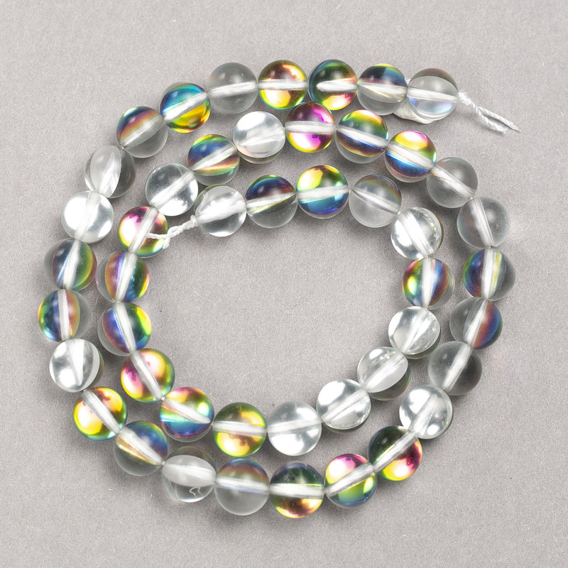 Opal Glass Beads on Thread, Smooth Round, White Transparent with a Chameleon Effect, 8mm Diameter +-, 39cm Length +