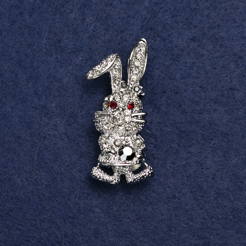 Brooch Bunny with silver-tone metal and crystals, 42×19mm +