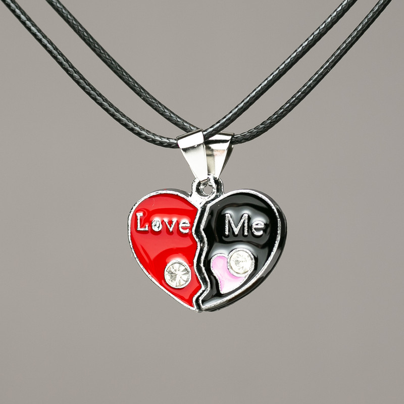 Pair Heart Pendants on a Cord with Enamel and Crystals, 25x14 mm + -, length 45–50 cm