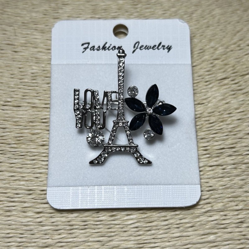 Paris Brooch in Silver-Toned Metal with Rhinestones and Blue Crystals, 40x35 mm +