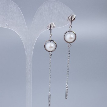 Xuping Stud Earrings with Mallorca Bead, 8 mm Diameter, 7.5 cm Length, Rhodium-plated