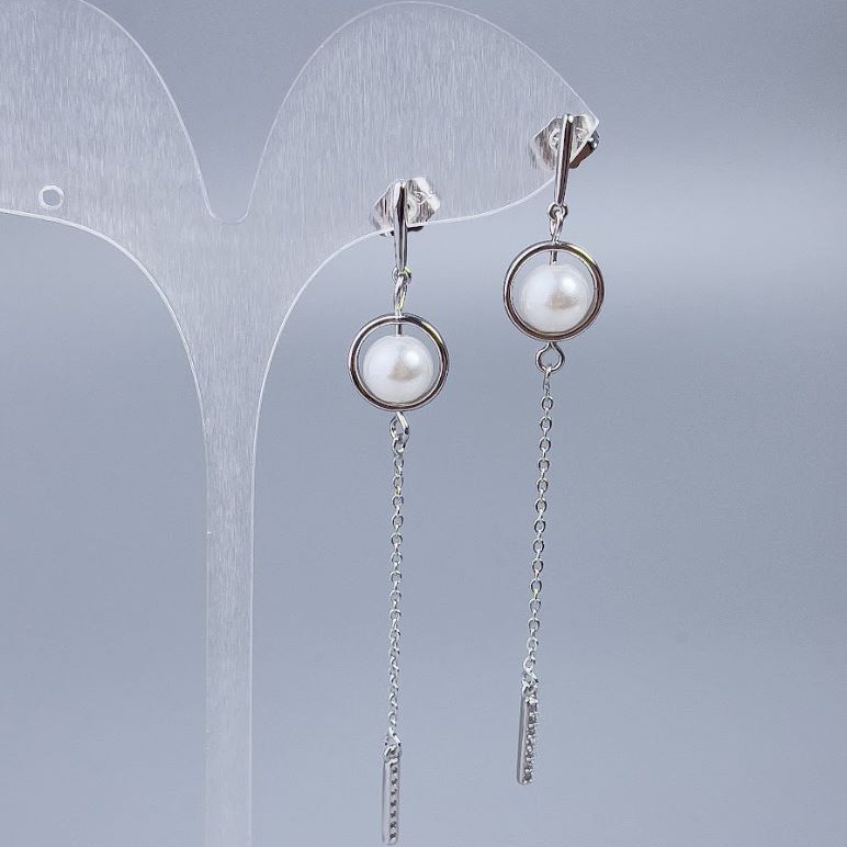 Xuping Stud Earrings with Mallorca Bead, 8 mm Diameter, 7.5 cm Length, Rhodium-plated