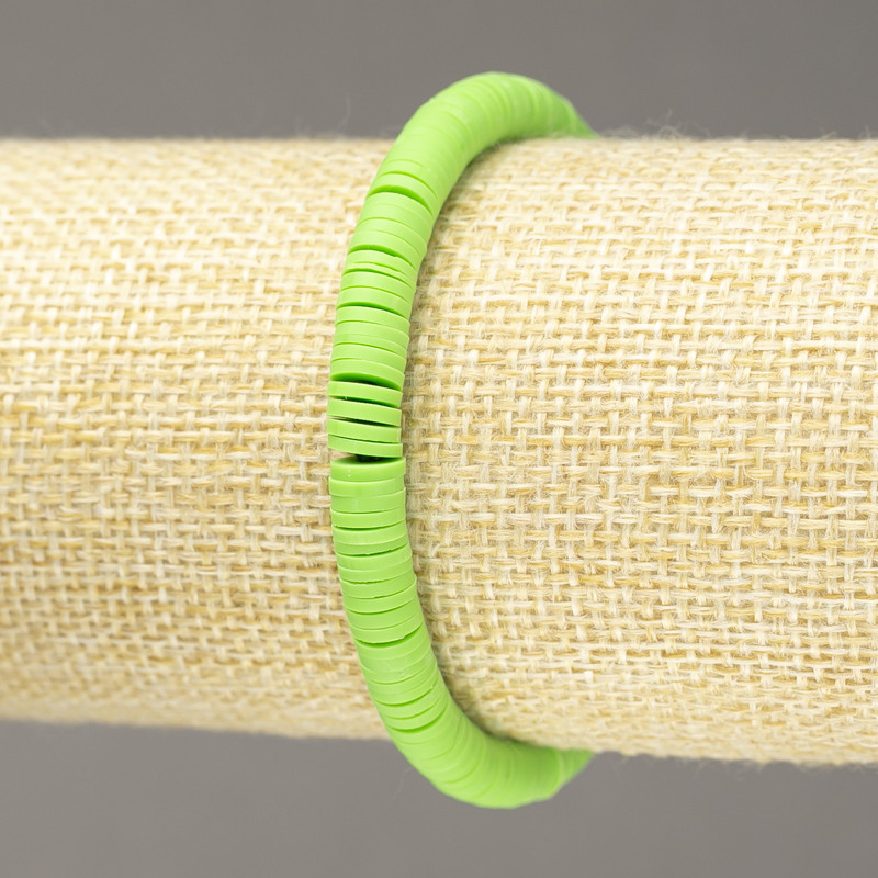 Elastic bracelet with round flat beads made of polymer clay, lime green, diameter 6x1 mm+-, length 18 cm+-