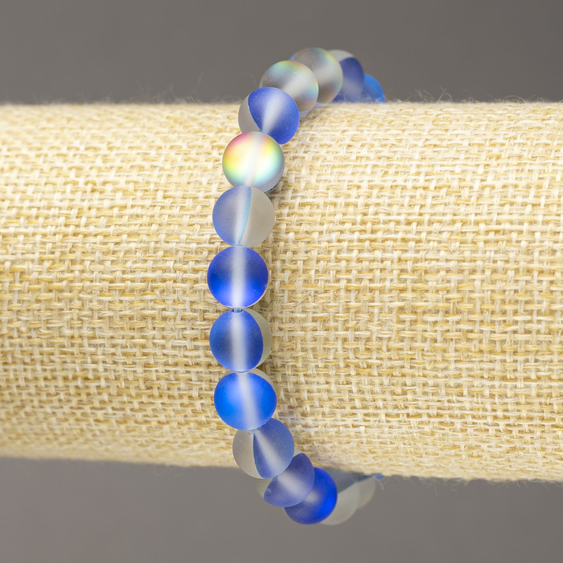 Elastic bracelet with opal glass smooth bead, blue transparent matte, 8 mm diameter