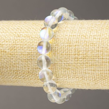 Elastic bracelet of white transparent opal glass, 10 mm diameter, 18 cm length+