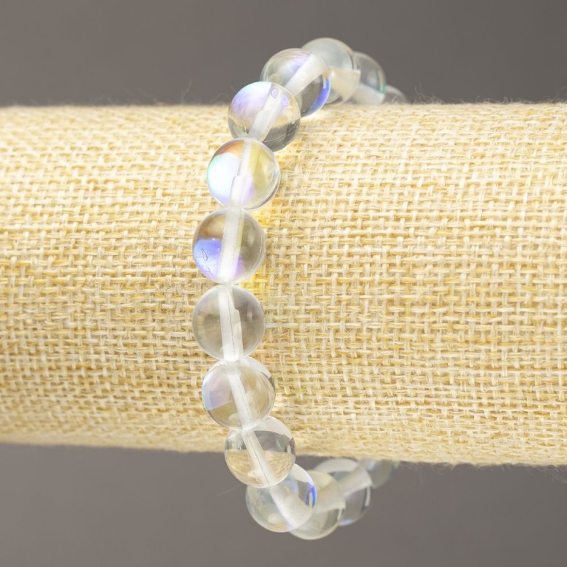 Elastic bracelet of white transparent opal glass, 10 mm diameter, 18 cm length+