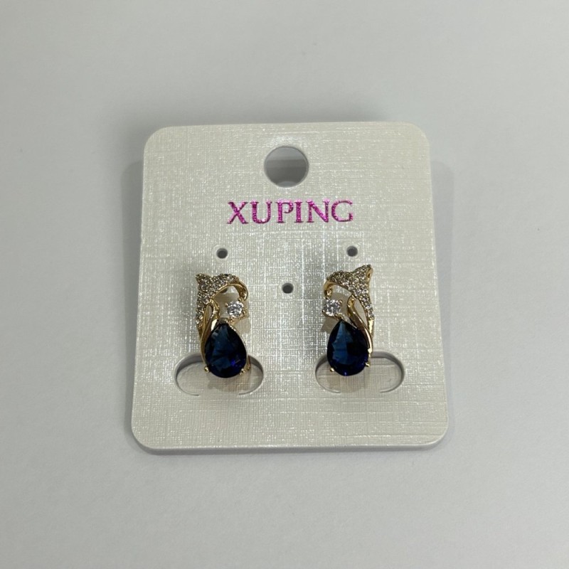 Xuping Earrings with 18K Gold Plating, White Crystals and Blue Crystals, 15x8 mm Diameter +