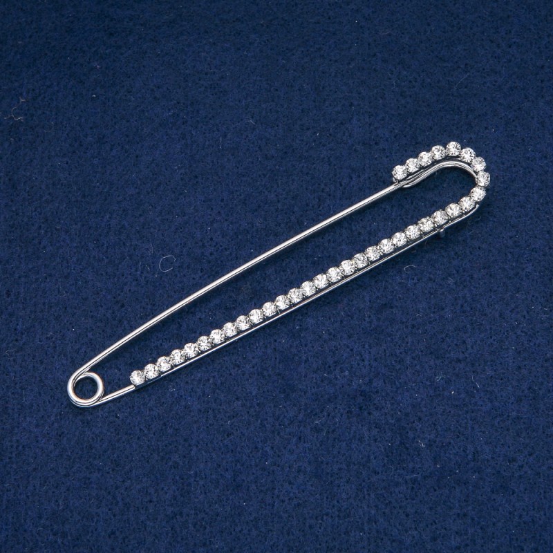 Brooch-pin with gray crystals, silver-toned metal 16×101 mm