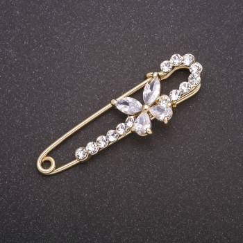 Brooch pin with white crystals, Butterfly, yellow metal, 60×17 mm