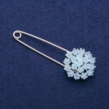 Blue hydrangea brooch-pin with crystals, 29x78 mm, silver-tone metal