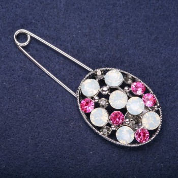 Discount! Brooch pin with raspberry, white, and green colored stones, 80x30 mm, silver-colored metal