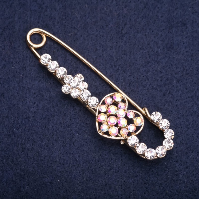 Brooch-pin Heart with White Chameleon Crystals 70x20mm Yellow Metal