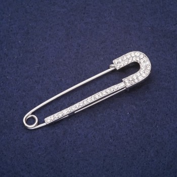 Brooch pin with white crystals 72x18 mm silver metal