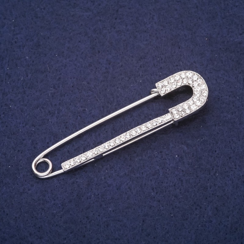 Brooch pin with white crystals 72x18 mm silver metal