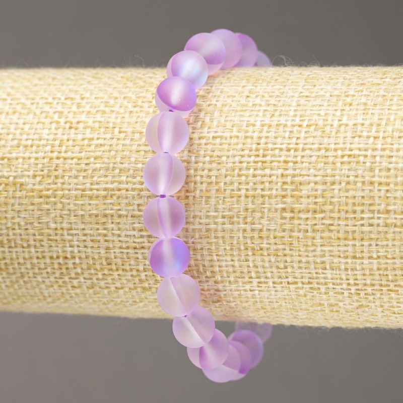 Elastic bracelet with opal glass, matte lilac smooth beads, 8 mm diameter, 18 cm length
