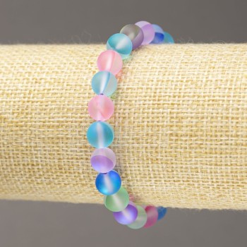 Elastic bracelet with opal glass, smooth matte beads, multicolored, diameter 8 mm, length 18 cm
