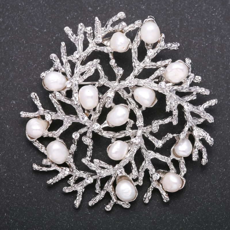Pearl Brooch 'Teren' White Silver 60 mm