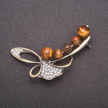Brooch with natural tiger's eye stone Twig, bronze metal color 58x36mm