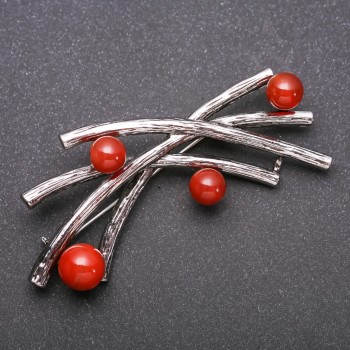 Large Accent Brooch with Carnelian Stone, Gray Metal 70×32 mm