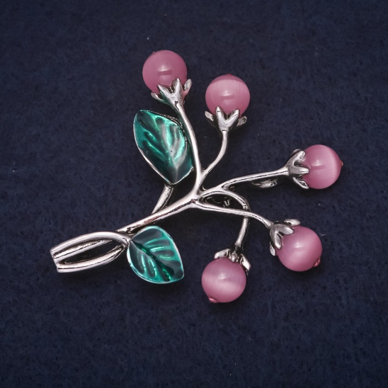 Brooch 'Berry Cat's Eye' 48×55 mm enamel pink-green silver-toned metal