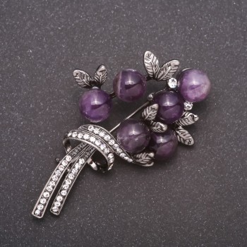 Brooch with natural amethyst gemstone 'Bouquet' in gray metal, 67x42 mm