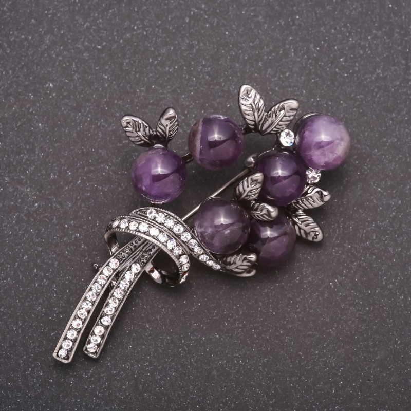 Brooch with natural amethyst gemstone 'Bouquet' in gray metal, 67x42 mm
