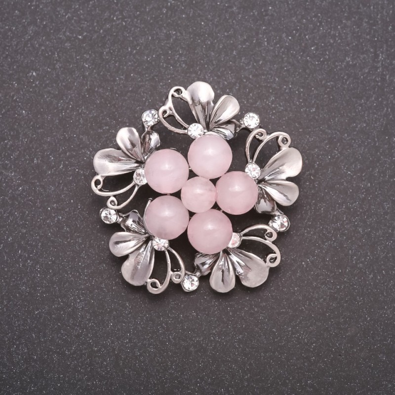 Boutonniere-style Brooch with Natural Pink Quartz, Gray Metal Color, 40mm