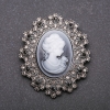 Cameo Brooch with Gray Crystals, Gray Metal, 54x45 mm
