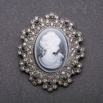 Cameo Brooch with Gray Crystals, Gray Metal, 54x45 mm
