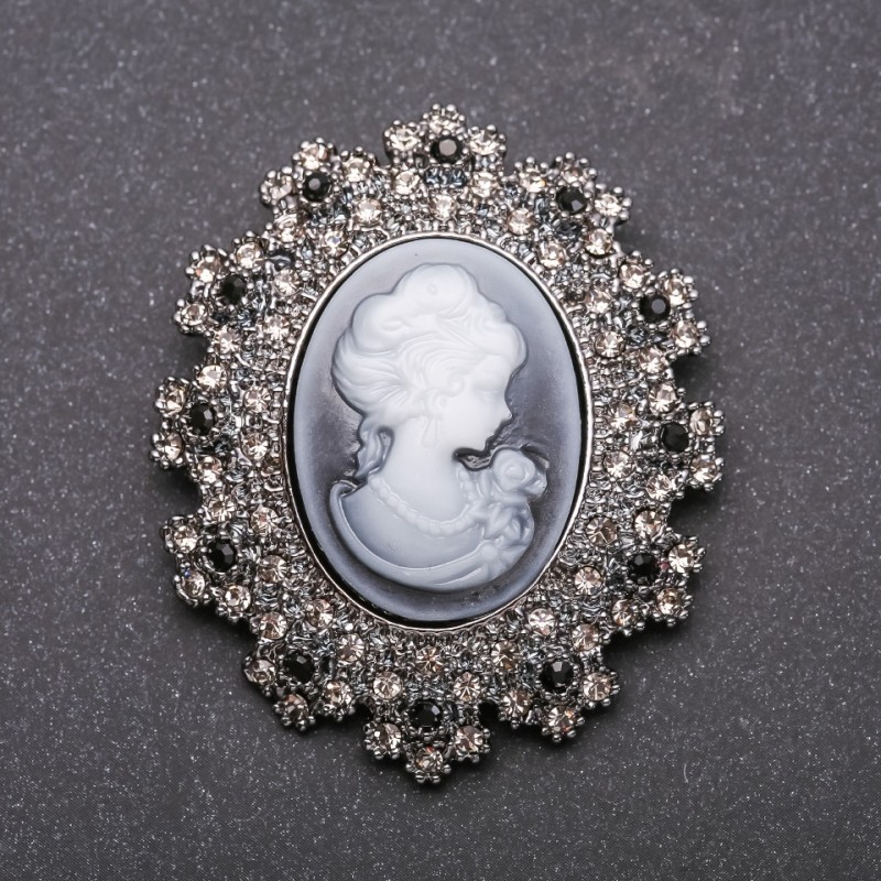 Cameo Brooch with Gray Crystals, Gray Metal, 54x45 mm