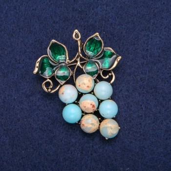 Grapes Brooch with Amazonite and Green Enamel, Gold-Tone Metal 40x50mm