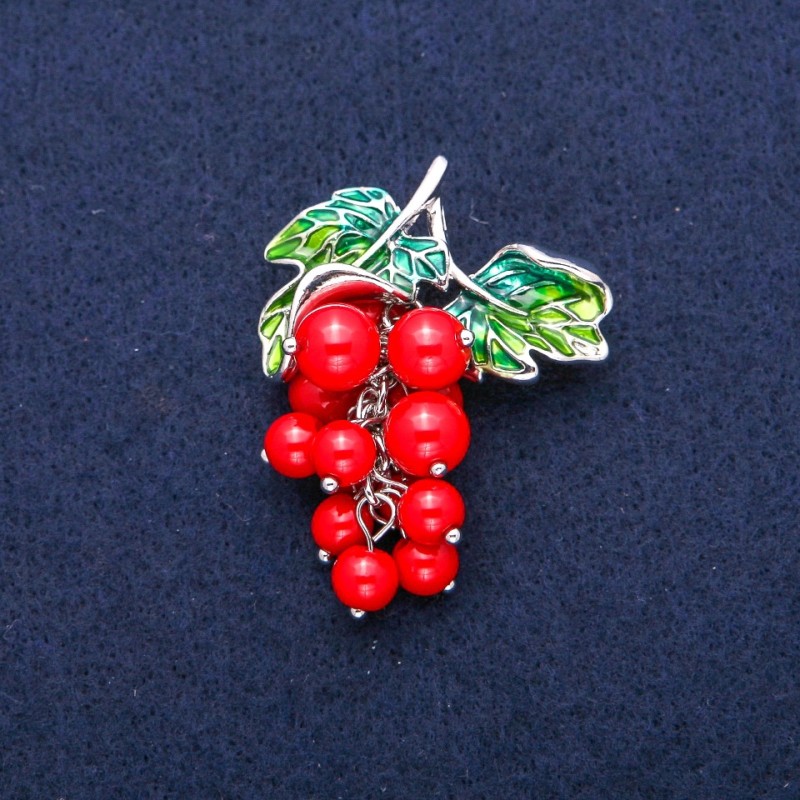 Grapes Brooch Pendant with Imitation Coral Beads and Green Enamel, Silver Metal 35x45 mm