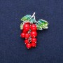 Grapes Brooch Pendant with Imitation Coral Beads and Green Enamel, Silver Metal 35x45 mm