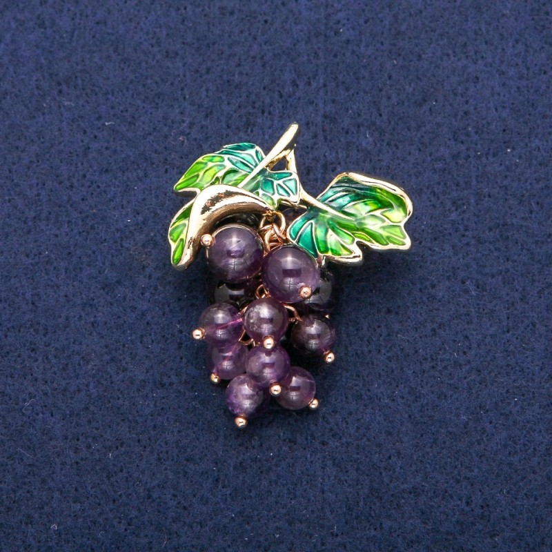 Grapes Brooch-Pendant with Amethyst Beads and Green Enamel, Gold-Toned Metal 35x45mm