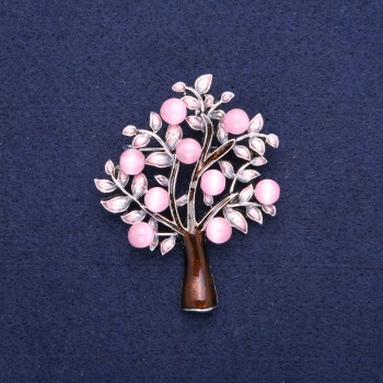 Brooch Pendant Tree Cat's Eye with pink and brown enamel, silver-tone metal 43x54mm