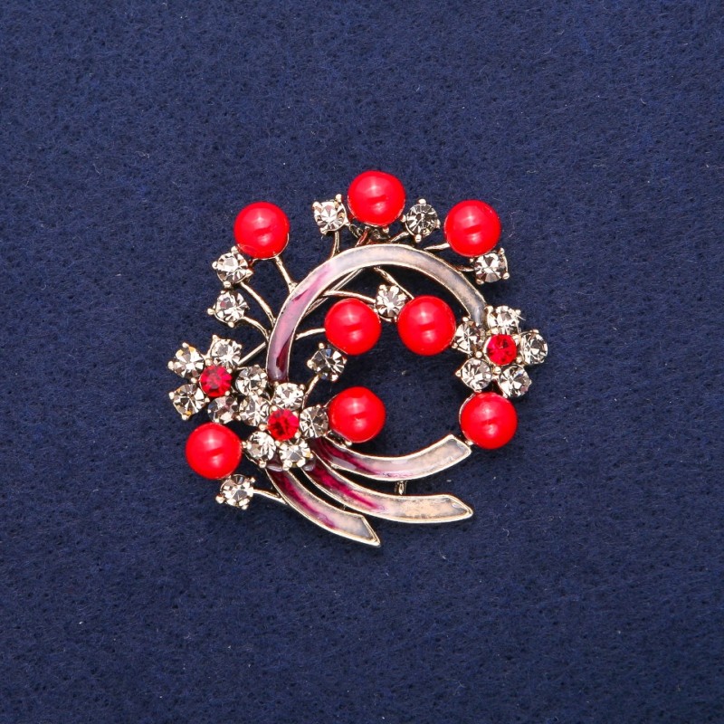 Brooch with Coral, Purple Enamel and Gray Rhinestones, Gold-Tone Metal 43 mm
