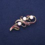 Brooch Sprig with Majorca Pearls and Burgundy Enamel, Golden Metal 24x60 mm
