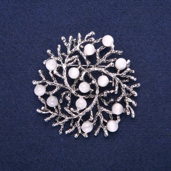 Brooch Pendant 'Branches' White Cat's Eye, silver-tone metal 60mm