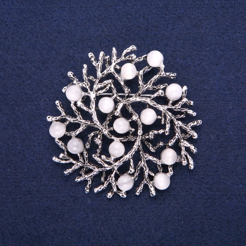 Brooch Pendant 'Branches' White Cat's Eye, silver-tone metal 60mm