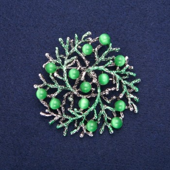 Brooch pendant 'Branches' with Cat's Eye, green enamel, silver-tone metal, 60mm