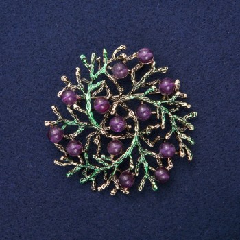 Brooch-pendant 'Sprigs' with natural Amethyst, green enamel, gold-toned metal 60mm