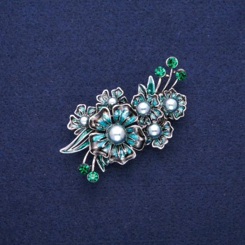 Brooch Bouquet with Pearl, blue enamel and green crystals, silver-tone metal 33x58mm