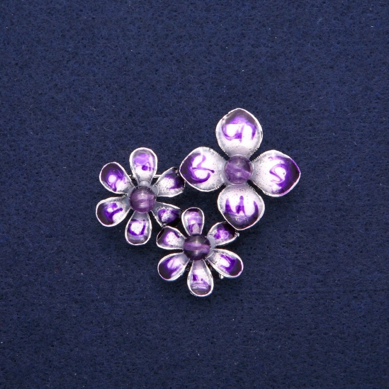 Brooch pendant 'Flowers with Amethyst and Purple Enamel', silvery metal 36×46 mm