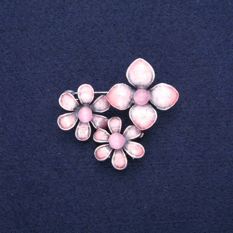 Brooch-pendant Flowers with Pink Cat's Eye and Enamel, Silver-Toned Metal 36x46mm